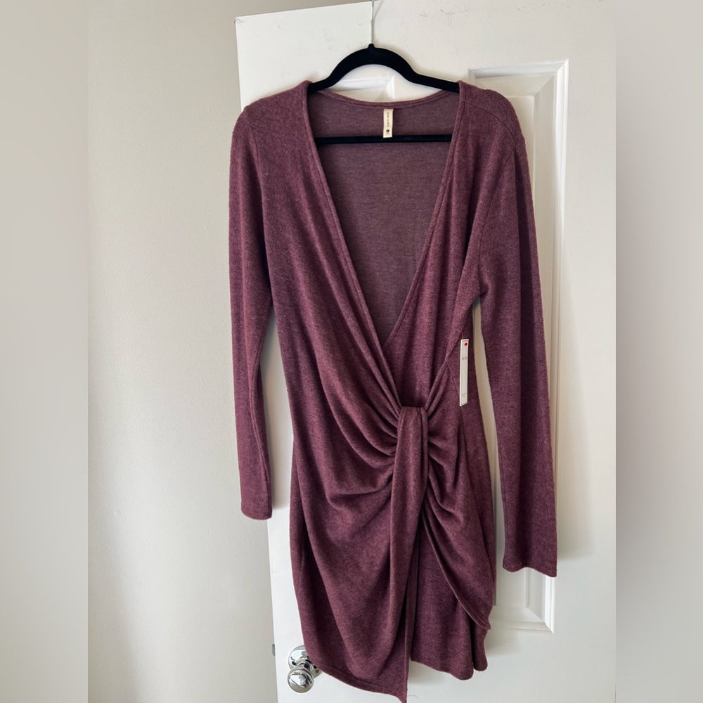Tyche Purple Deep Plunge Wrap Sweater Dress